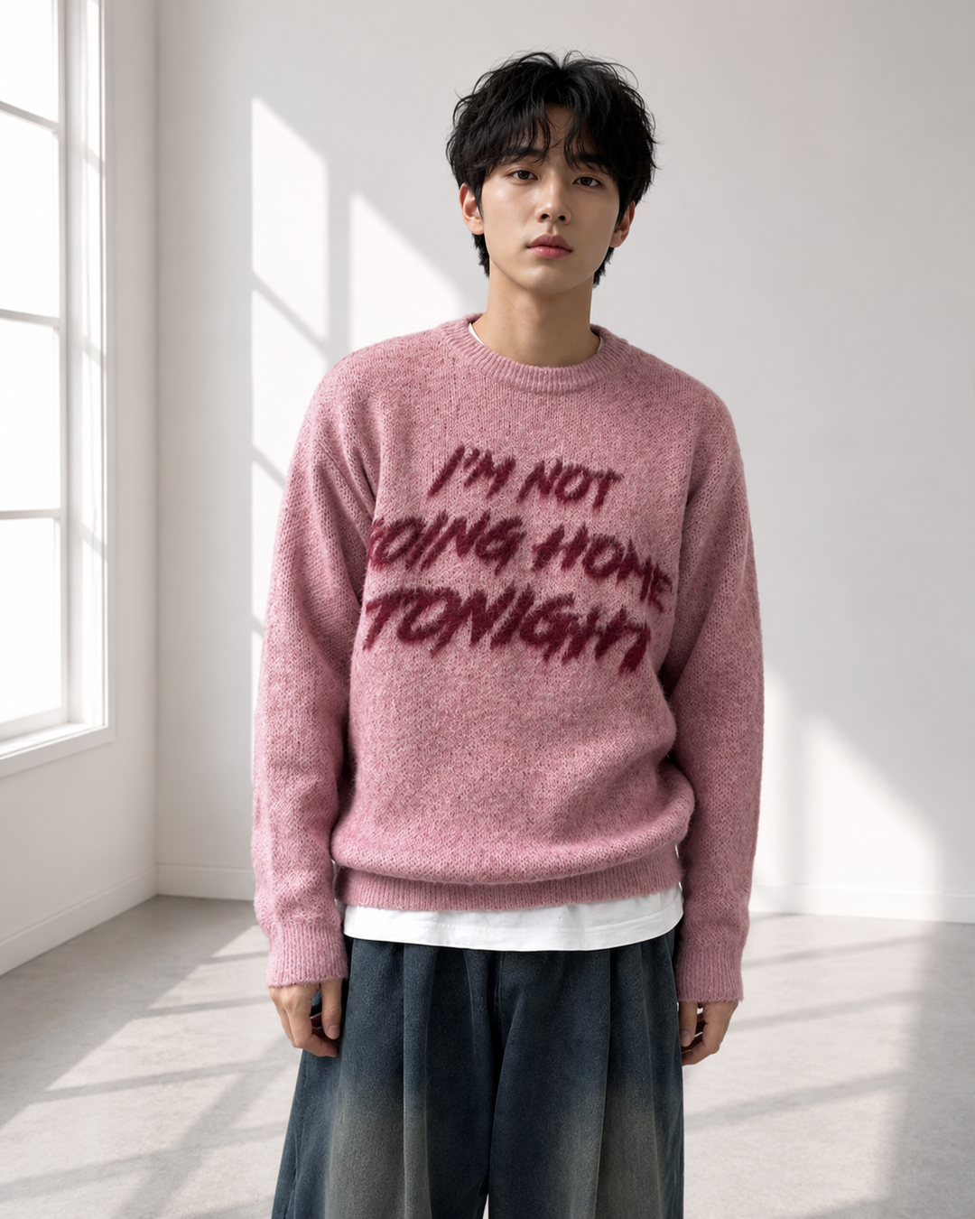 ピンクのシャギーブークレニットをスッキリと着こなす男性のバストアップカット。
