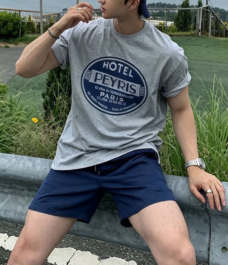ライトグレーのグラフィックTシャツにネイビーのショートパンツを合わせ、屋外のガードレールに腰掛ける男性の正面カット。リラックスしたストリートな着こなしを演出しています。