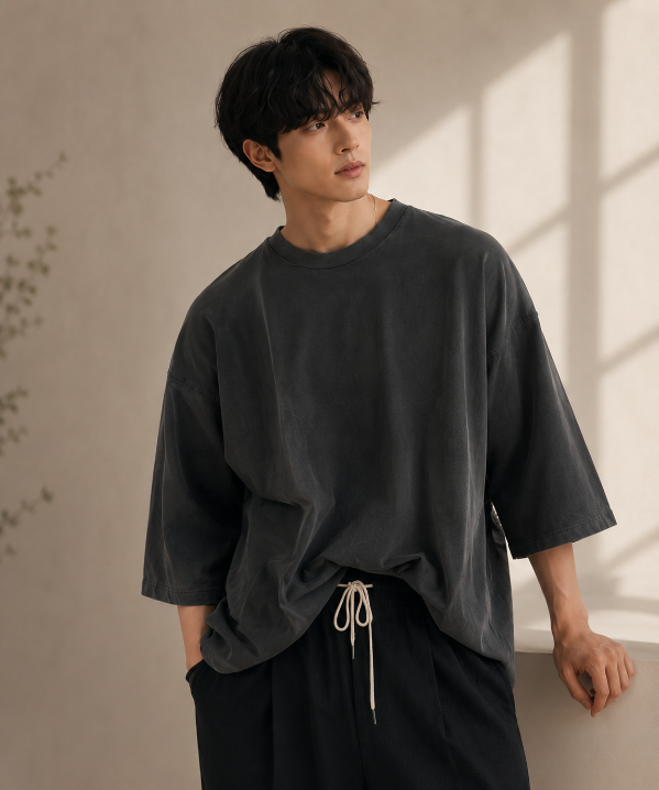 ダークグレーのオーバーサイズTシャツを着用した男性が片手をポケットに手を入れたフロントのミドルカット