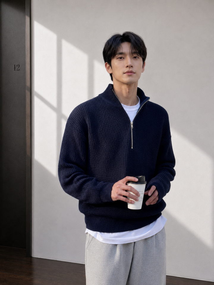ネイビーのセーターを着用した男性のアップカット。首元のジッパーを少し開け、インナーの白Tシャツを覗かせながら、手元にテイクアウトのコーヒーカップを持ったリラックス感のあるポーズ。