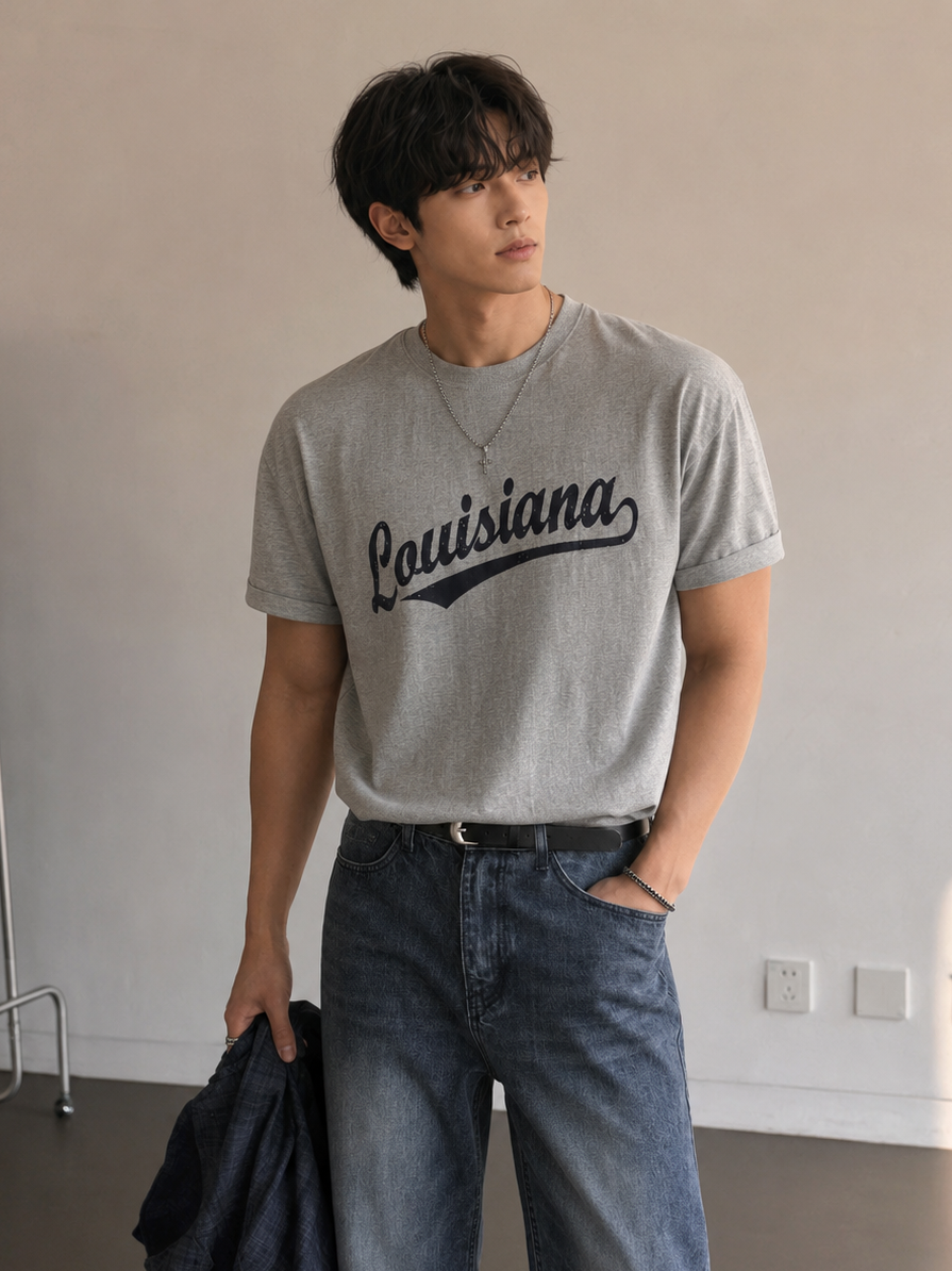 グレーのLouisianaロゴ入り半袖Tシャツをウォッシュ加工のデニムパンツにタックインし、黒のベルトを締めて立つ男性の上半身正面カット。