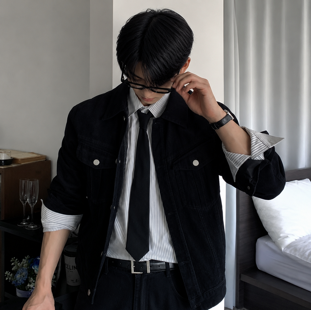 ブラックコーデュロイのジャケットを着用した人物のフロントカット。