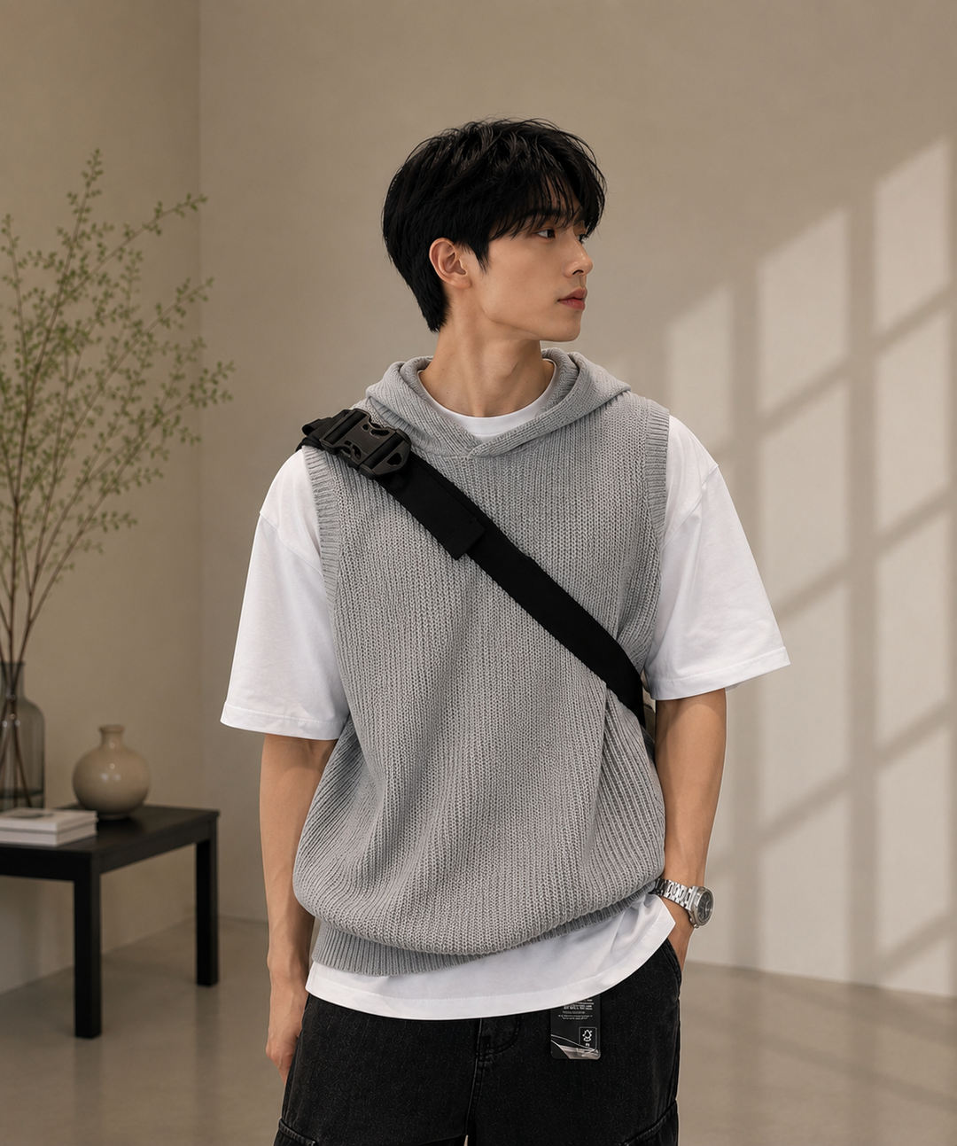 白Tシャツにグレーのフード付きニットベストを重ね、斜め掛けの黒バッグを合わせて白のショップバッグを持つ男性の正面アップ