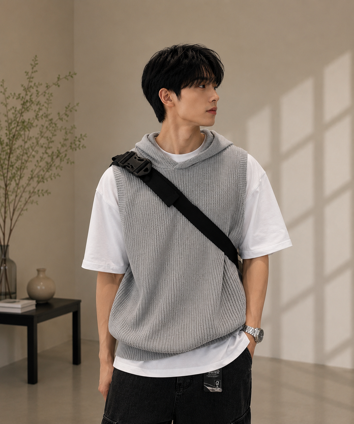 白Tシャツにグレーのフード付きニットベストを重ね、斜め掛けの黒バッグを合わせて白のショップバッグを持つ男性の正面アップ