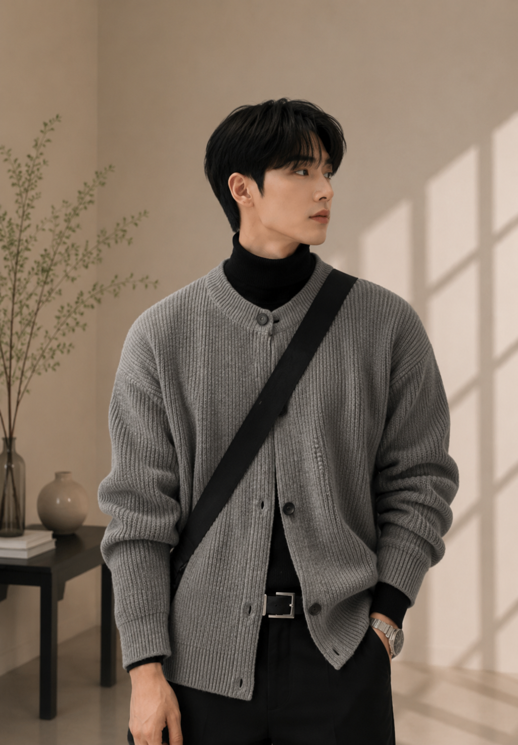 グレーのカーディガンを着用し黒のショルダーバッグを斜め掛けにした男性写真