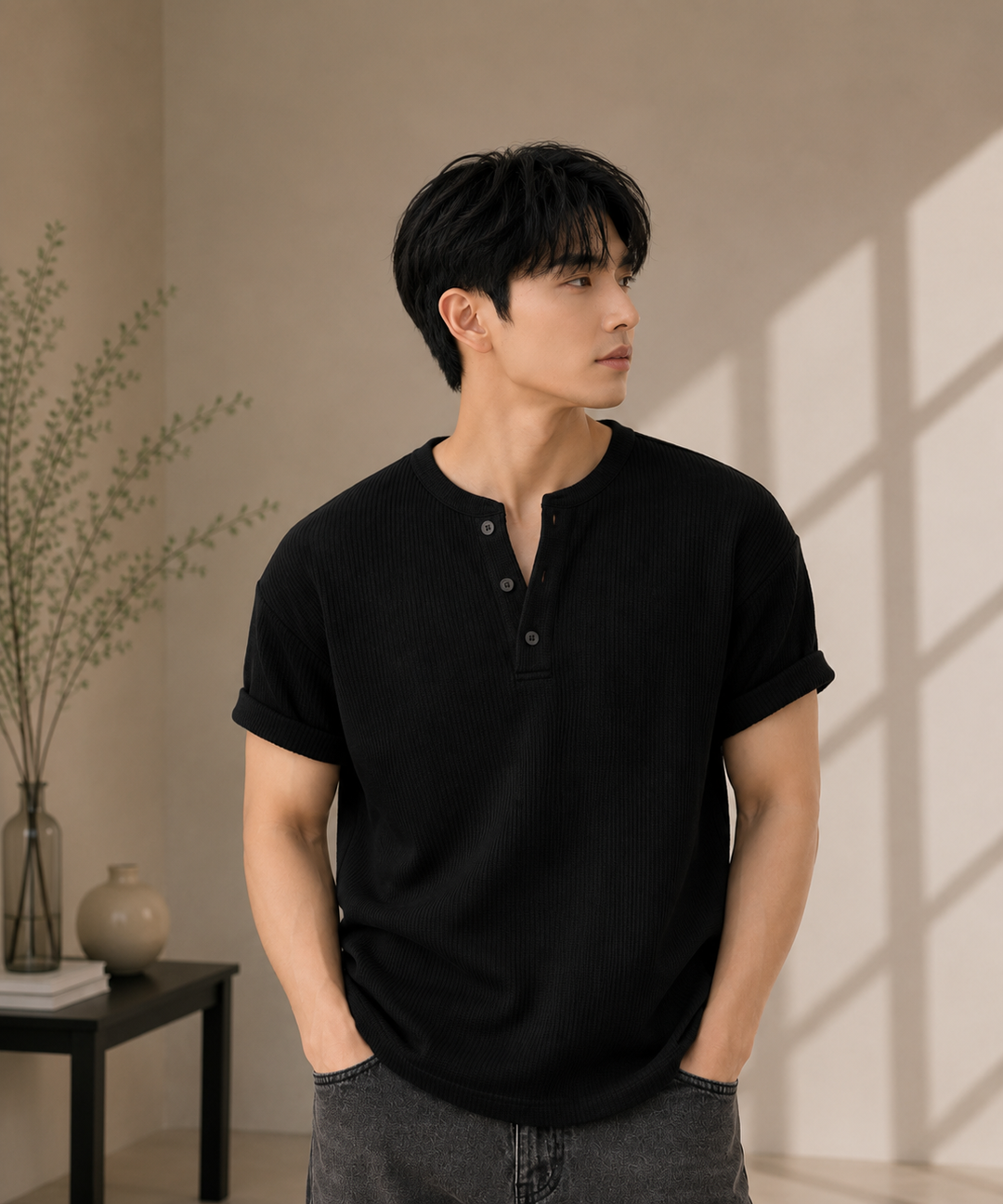 黒のワッフル生地の半袖ヘンリーネックTシャツを着用した、男性が横を向いているショット。