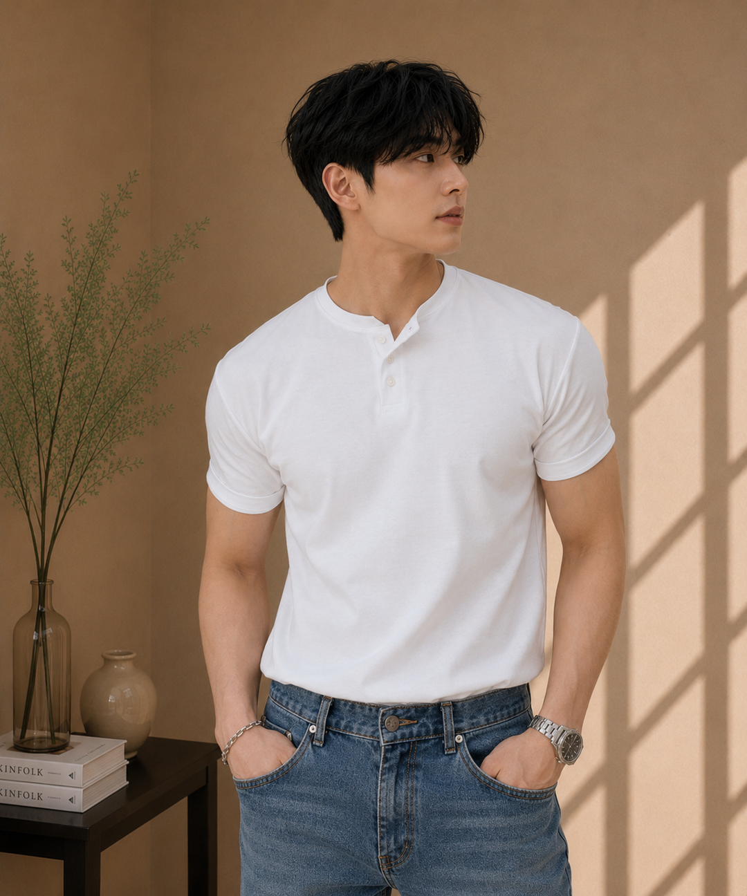 爽やかなホワイトの半袖ヘンリーネックニットTシャツに細身のデニムを合わせスタイリッシュなカット。