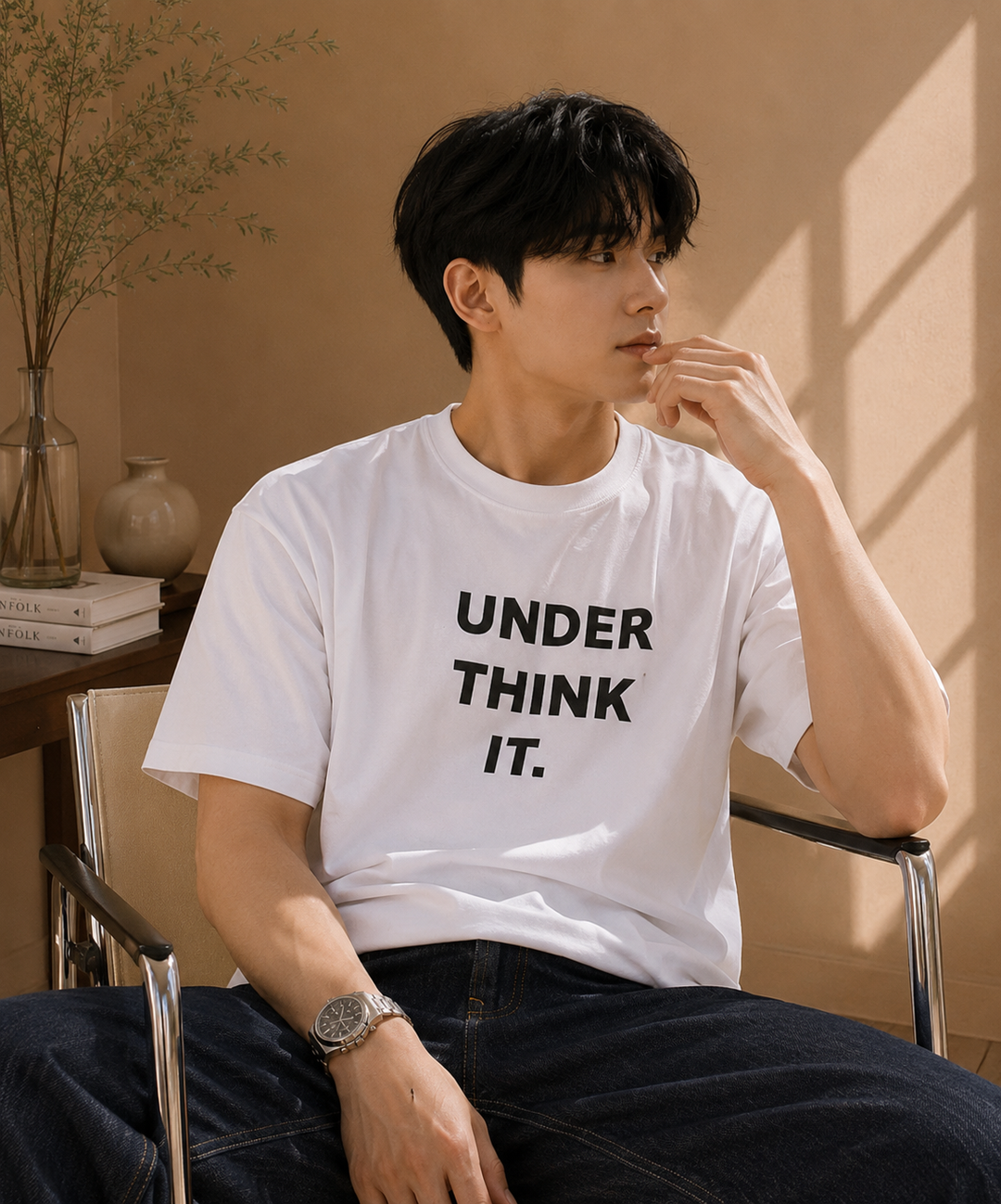 フロントに「UNDER THINK IT.」と反転・配置されたロゴがあるホワイトのTシャツを着用し、インディゴのワイドデニムを穿いてデザインチェアに腰掛ける男性のミドルショット。