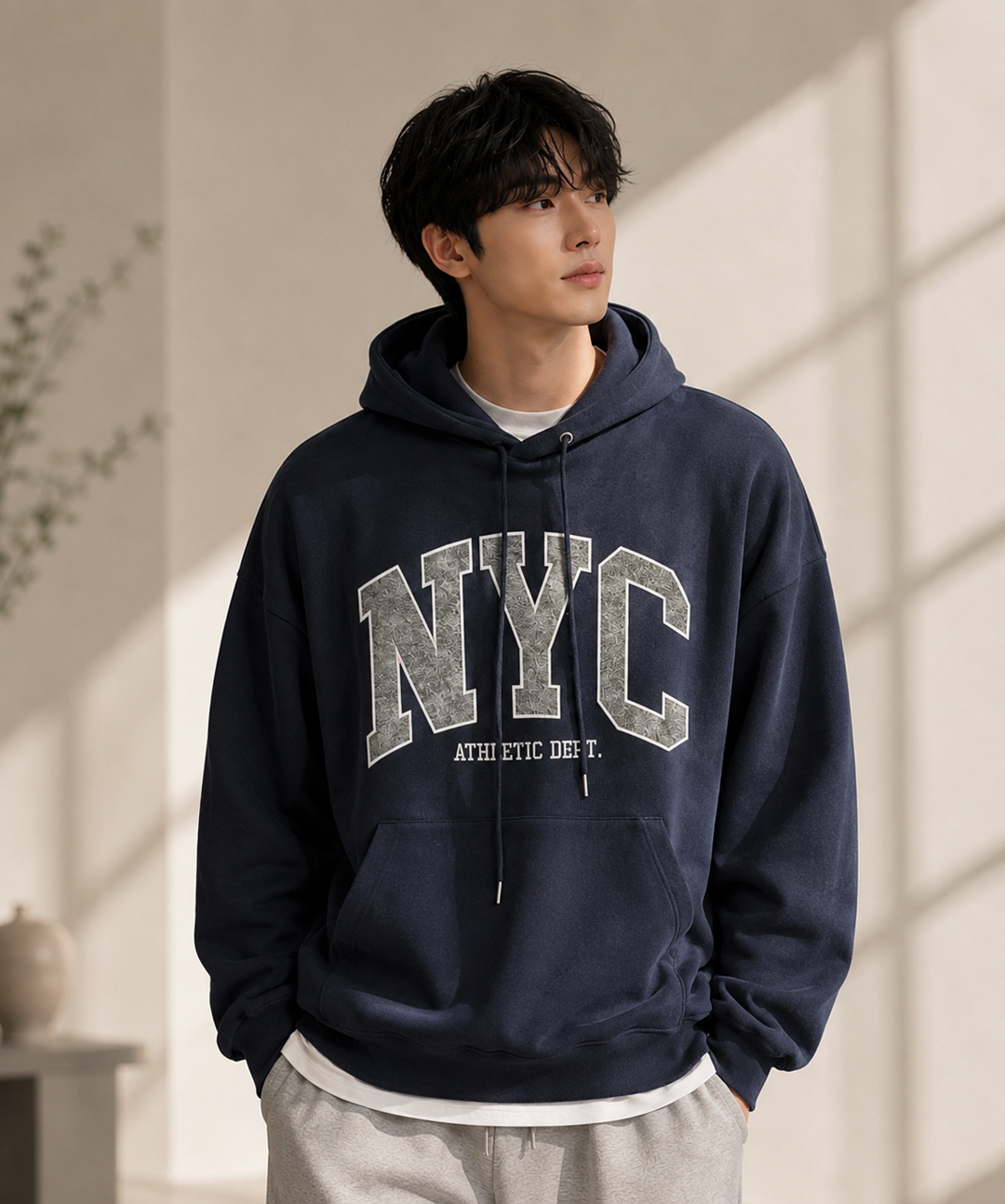 ネイビーブルーのパーカーの胸元に施された、グレーと白の「NYC」カレッジ風ビッグワッペンロゴのディテールアップカット。