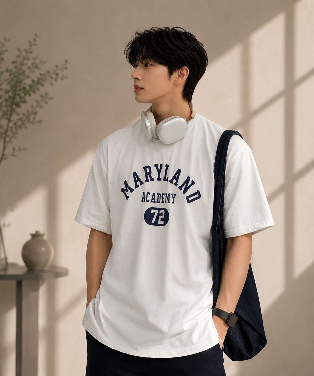 ホワイトのメリーランドアカデミーTシャツを着用し、首元に白いヘッドホンを掛け、ネイビーのパンツのポケットに手を入れた男性のアップ姿。