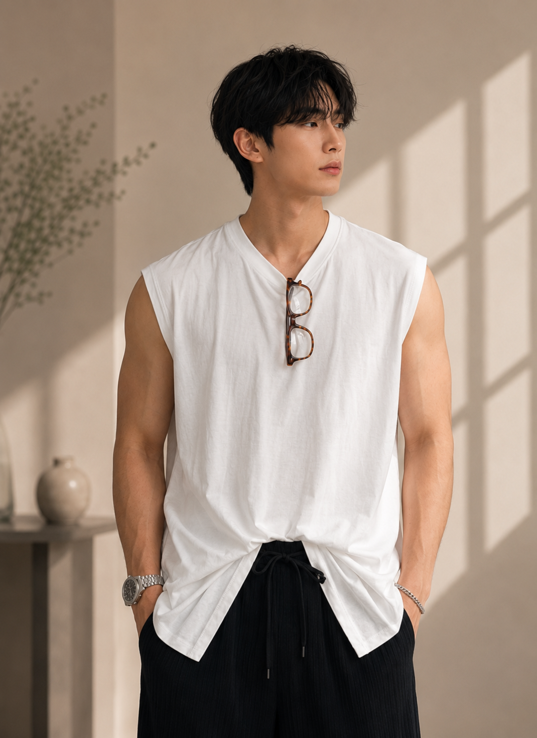 ホワイトのノースリーブTシャツを着用した男性の全身カット。胸元に眼鏡を掛け、黒のパンツを合わせている。