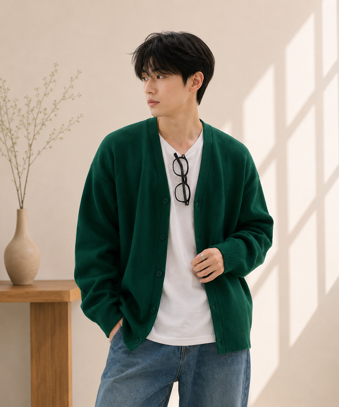 グリーンのオーバーサイズカーディガンを着用し、インナーの白Tシャツに黒縁メガネを掛けた男性のフロントショット。