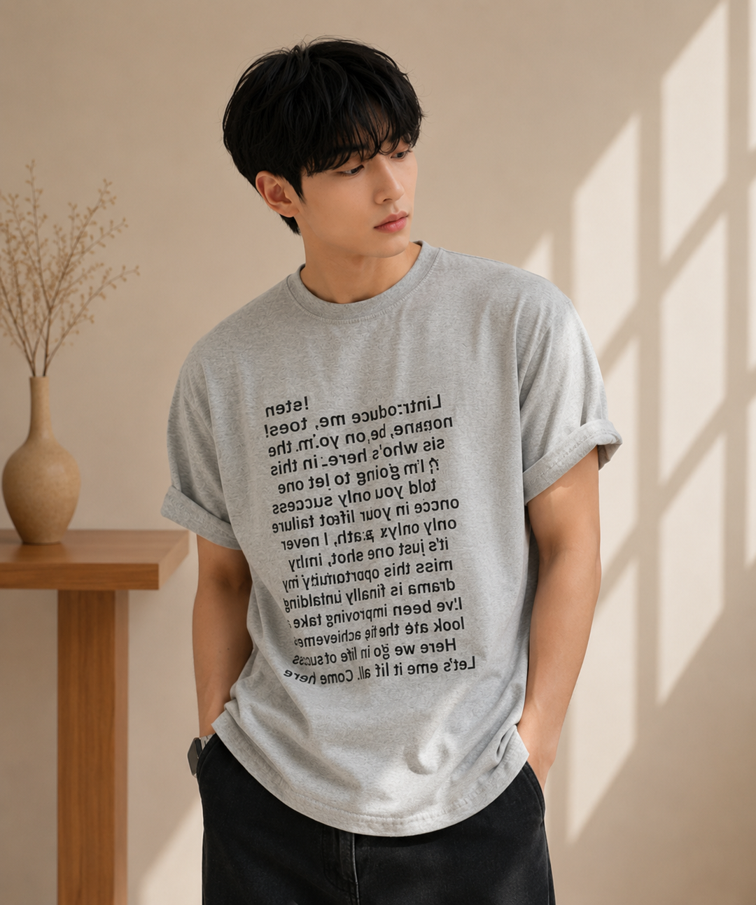 グレーの半袖Tシャツに黒いボトムスを合わせた男性の全半身カット。