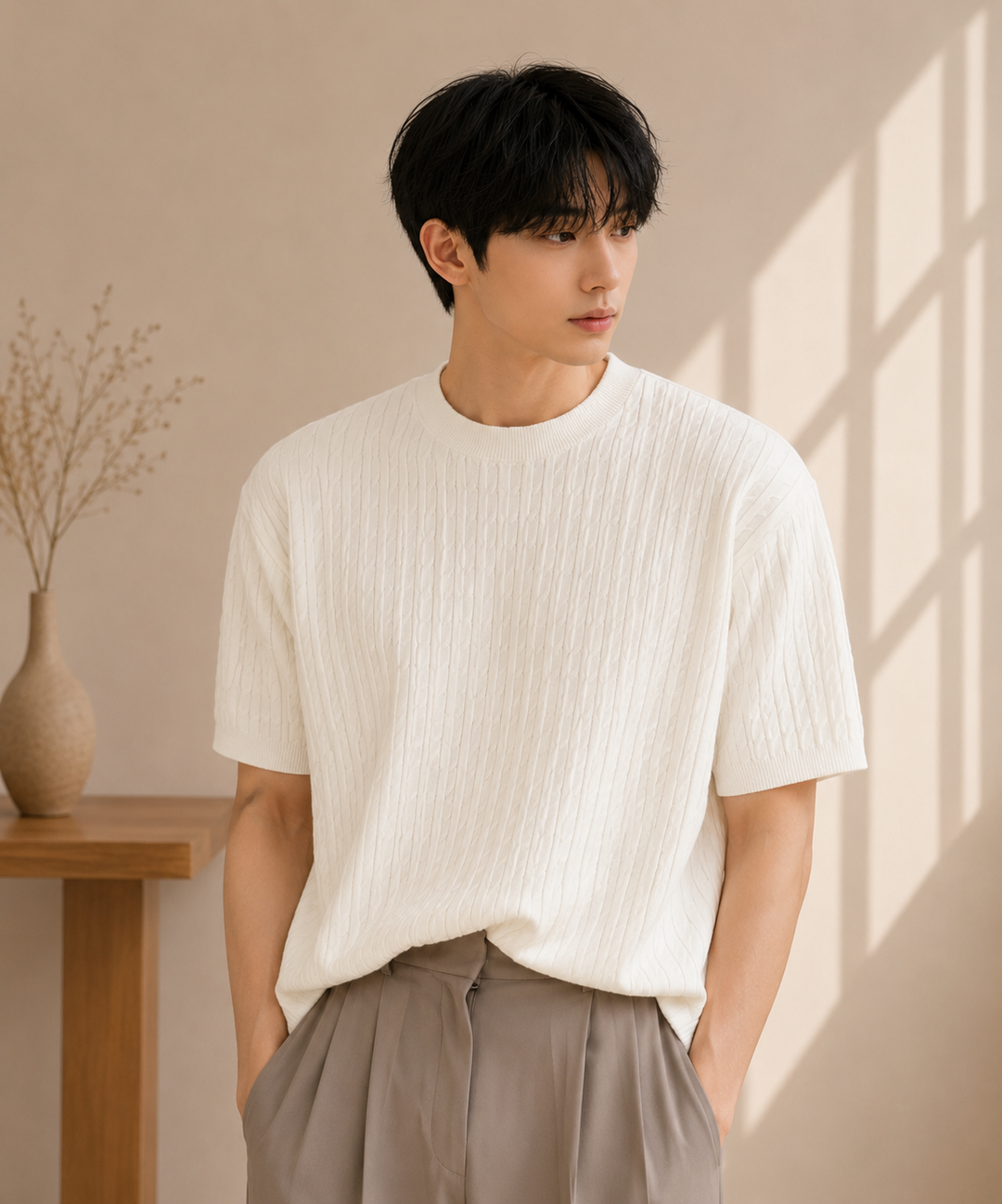 ホワイトの半袖ケーブルニットにグレージュのワイドパンツを合わせた男性のコーディネート写真