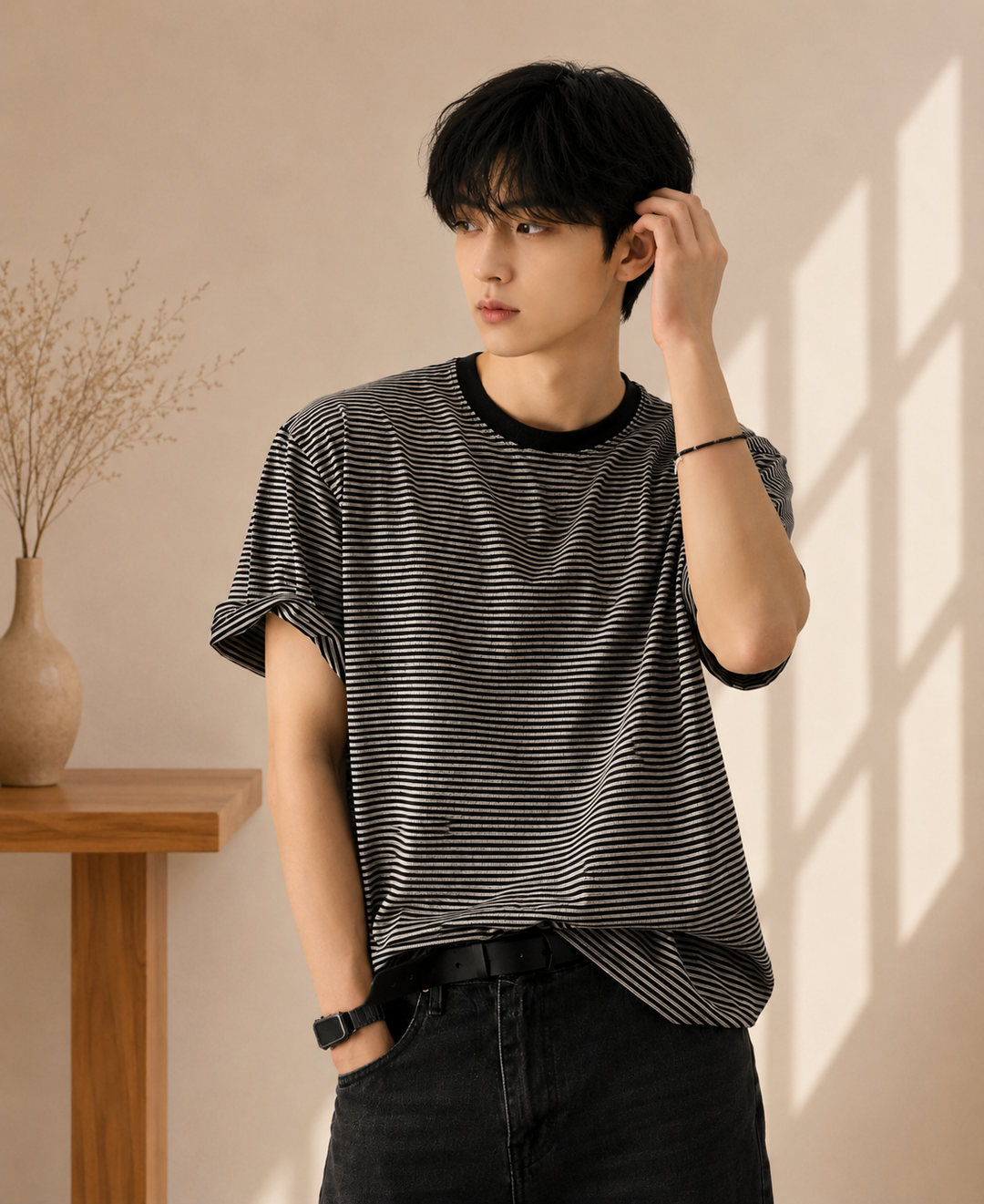 ブラックとグレーのマルチストライプ柄オーバーサイズTシャツを着用した男性の正面。首元はリブ仕様になっています。