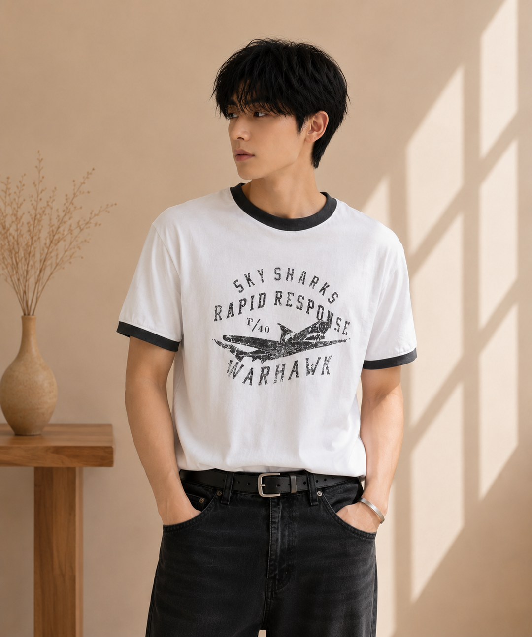 ホワイトのリンガーTシャツを着用してる男性のアップ。
