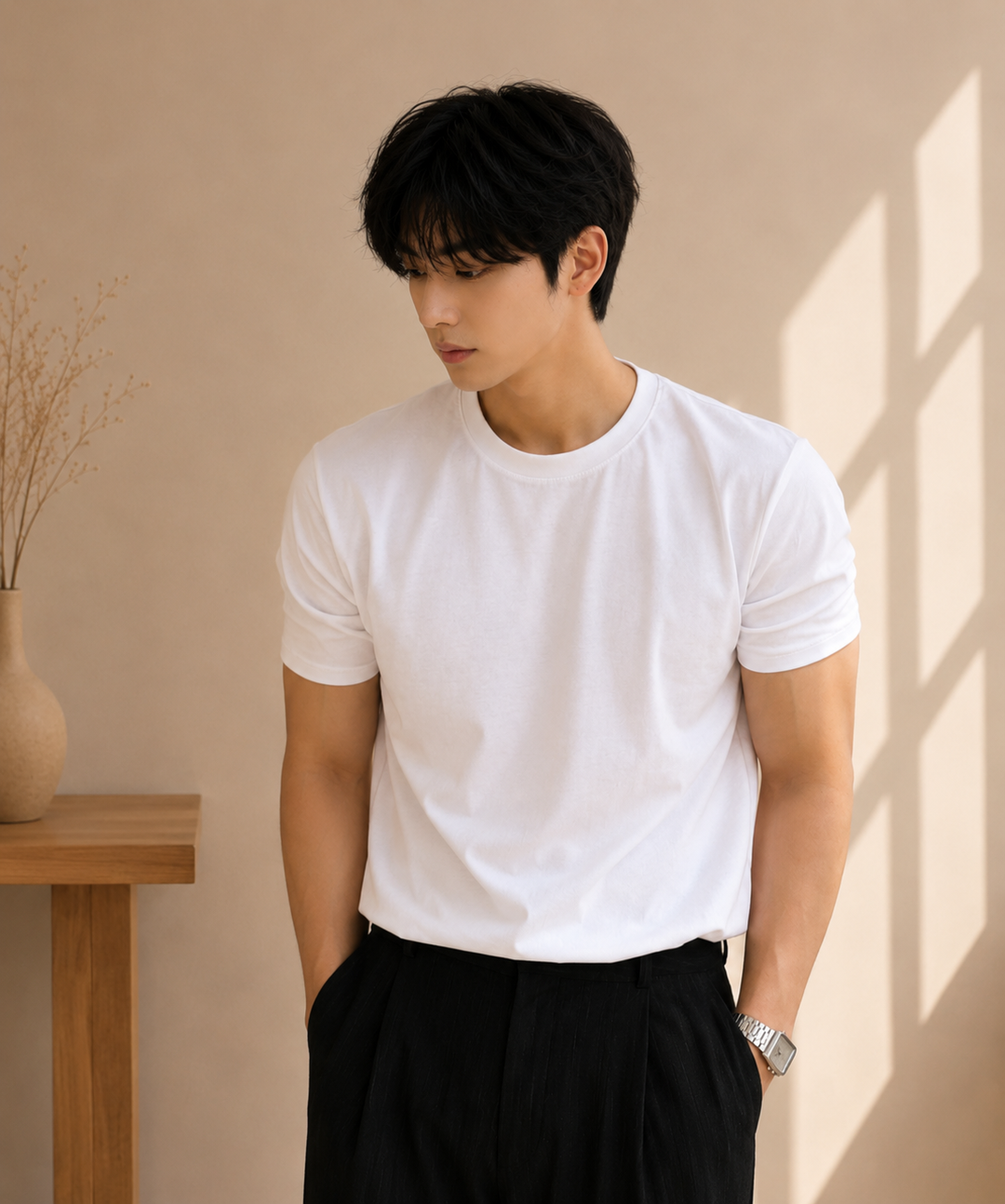 白い半袖クルーネックTシャツを黒いスラックスにタックインし、左手に腕時計をつけてスマートフォンを持つ男性の斜め前からの上半身ショット。