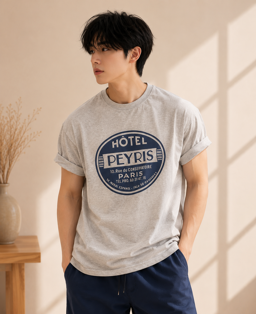 ライトグレーのグラフィックTシャツを着た男性