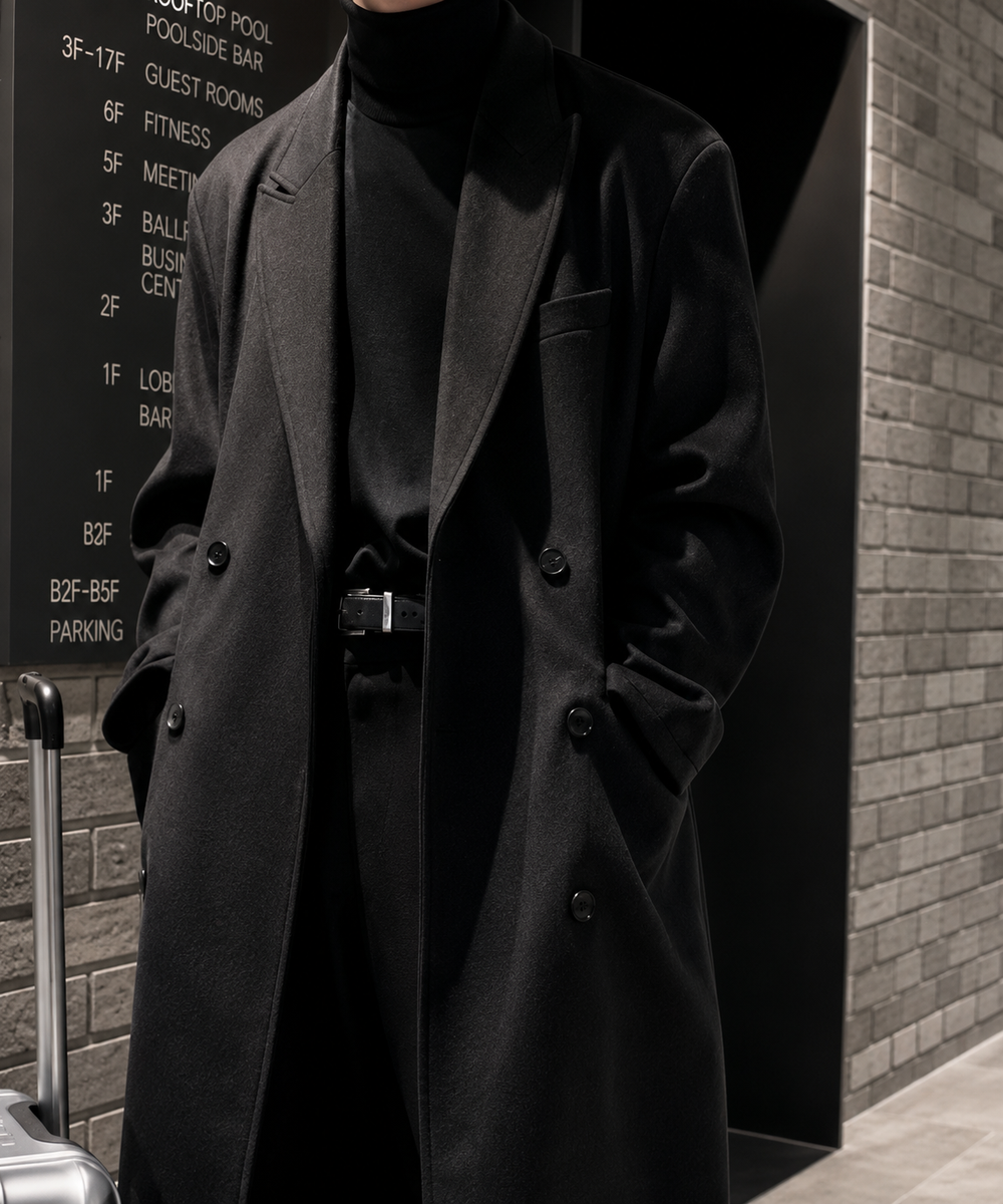 室内のエレベーターホールで、ブラックのロングチェスターコートに黒のタートルネック、黒のパンツを合わせた男性のバストアップカット。