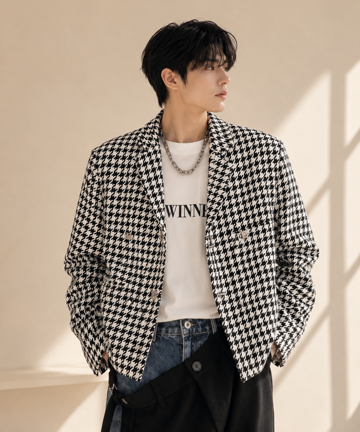 チェック柄のショートジャケットを着用し、インナーの白Tシャツにシルバーの太めチェーンネックレスを合わせた男性の正面アップカット。アシメトリーな黒のボトムスを合わせています。