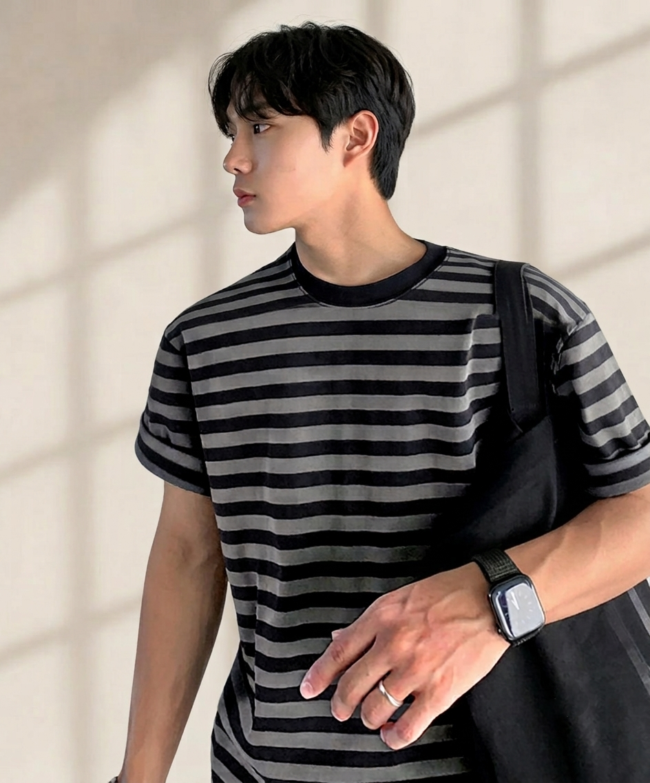 ボーダーTシャツの首元から胸元、手元までを斜めから捉えたアップカット。黒いスマートウォッチと指先のシンプルなシルバーリングが、フェード感のあるボーダー柄に映えるスタイル。