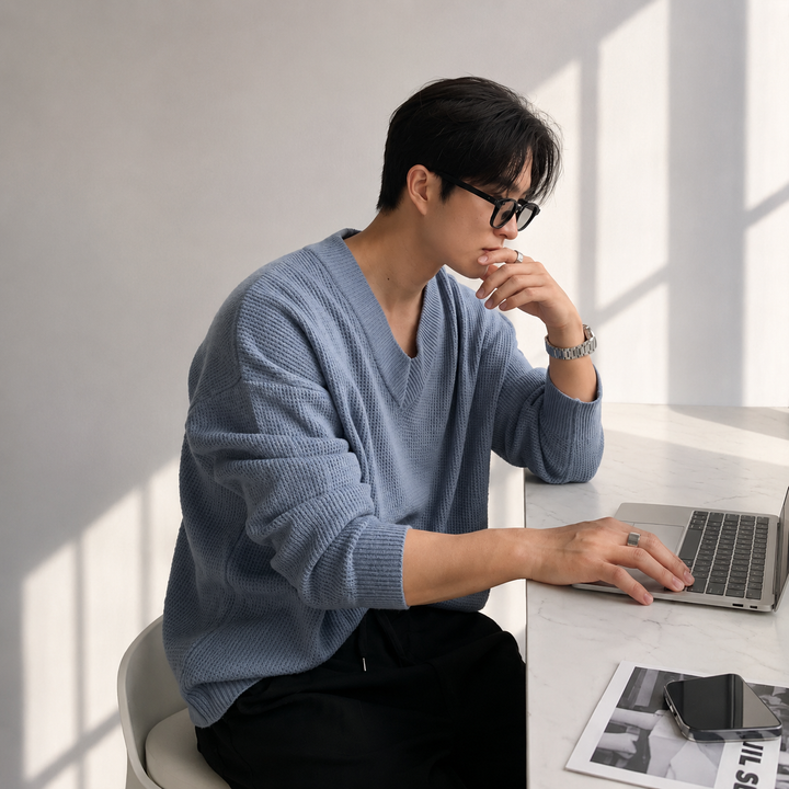 カフェやオフィスのようなモダンな空間で、ライトブルーのVネックセーターを着用し、デスクでノートPCに向かいながら考え事をする男性の横顔カット。