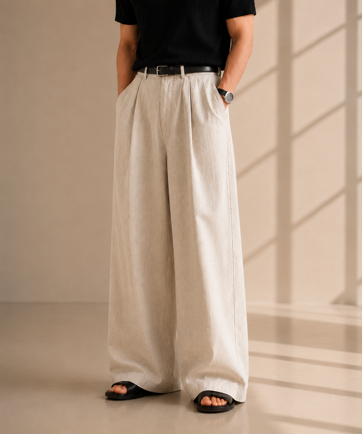 mwide-leg pleated linen blend trousers /5color　NL2118