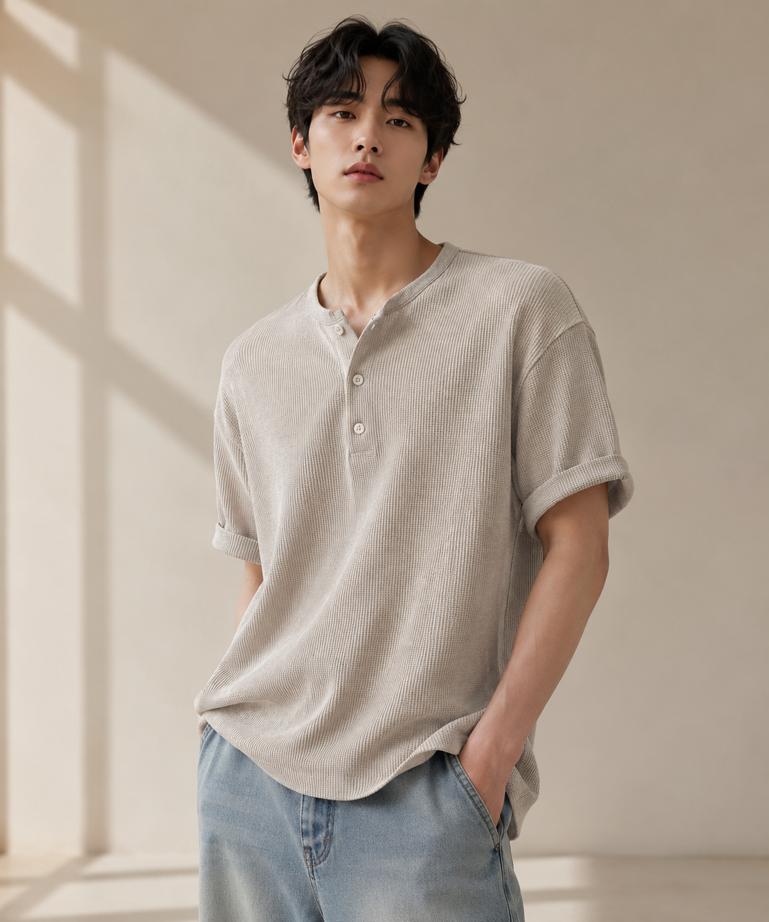 カーキのヘンリーネックワッフルTシャツを着用した男性が正面を向いたショット。