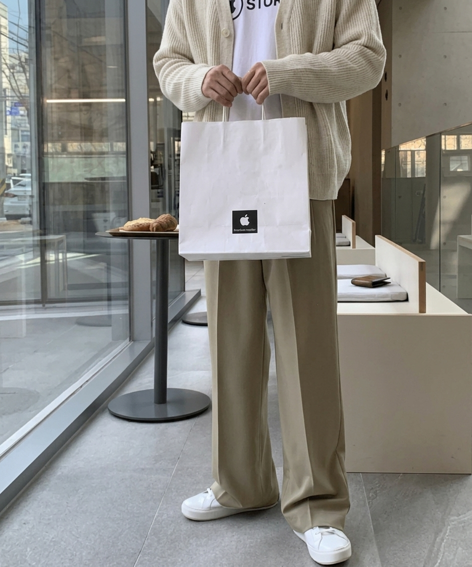 ダークベージュのワイドスラックスに白いスニーカーを合わせ、白いショップバッグを手にして立つ男性の足元クローズアップ。