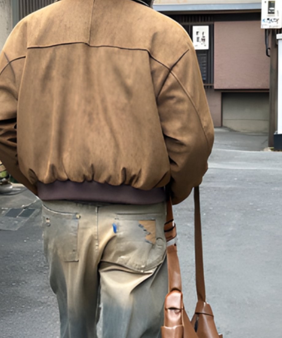 ジャケットを着用した男性の後ろ姿。背中の切り替えデザインと、裾リブによって生まれるふんわりとした背面のバルーンシルエットが、ヴィンテージ加工デニムのディテールとともに映えるバックスナップ。